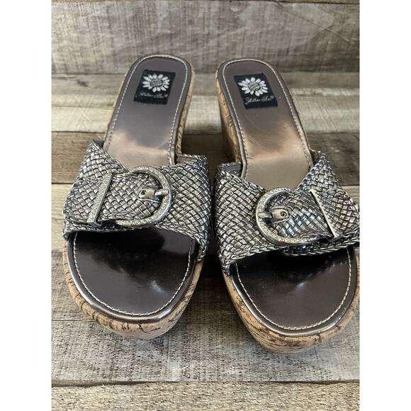 Yellow Box Braided Metallic Rhinestone Buckle Cork Wedge Sandals Size 10 - Picture 2 of 9
